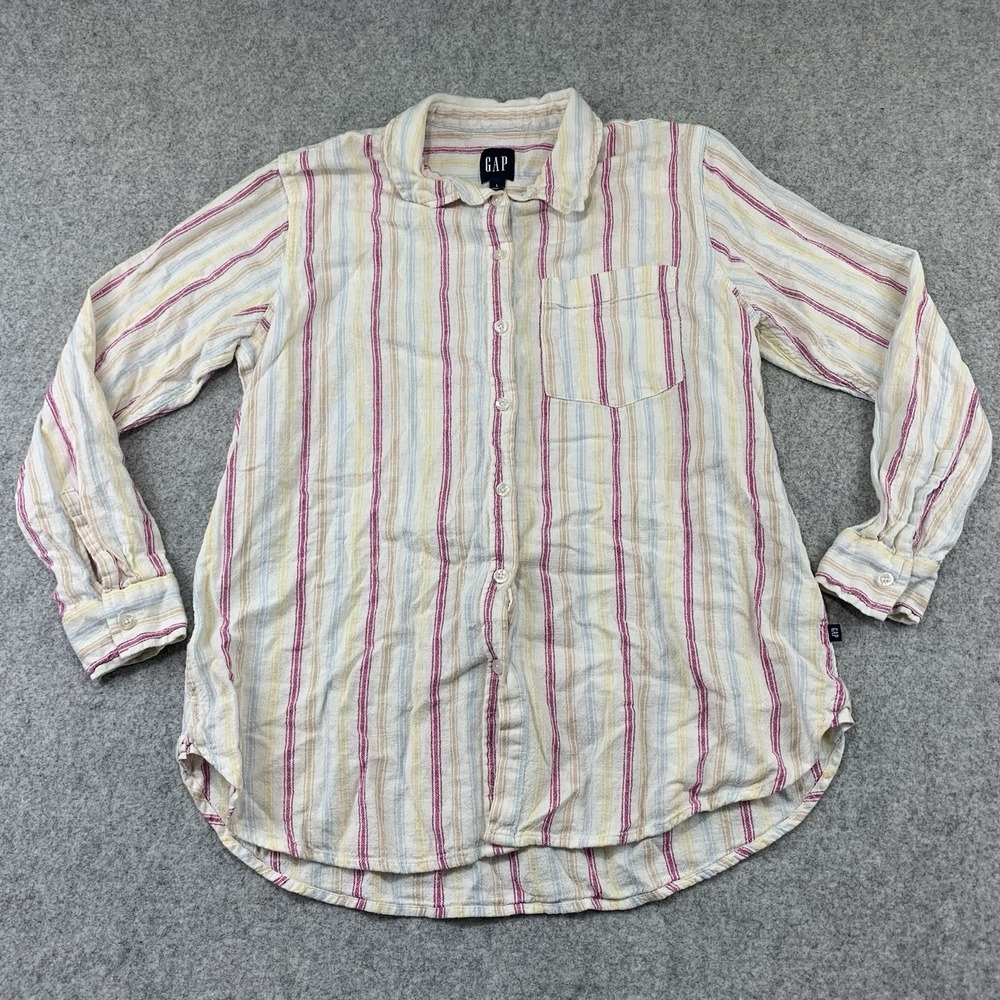 Gap Shirt Womens Large Multicolor Striped Linen Chambray Pleated Button Up